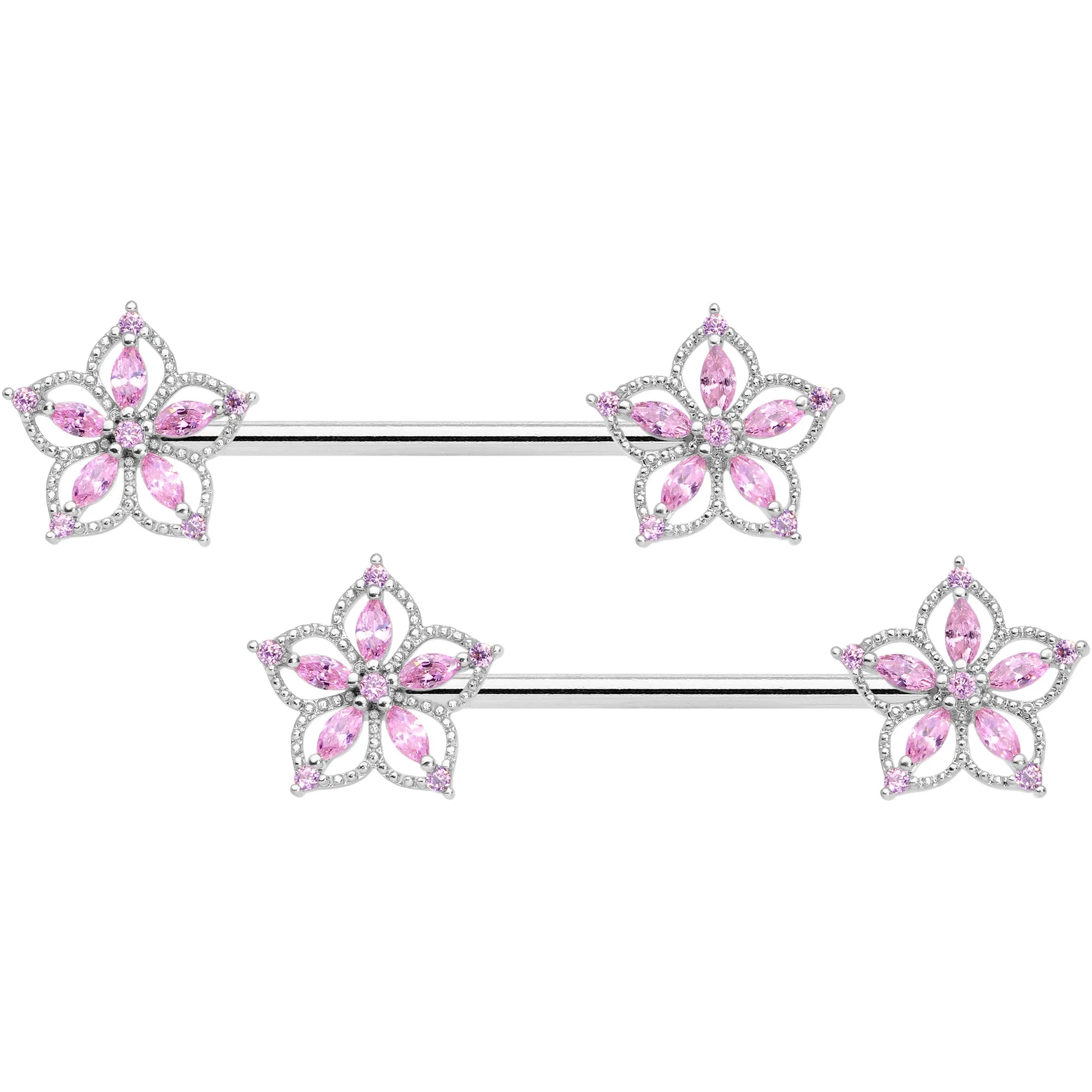 14 Gauge 9/16 Pink CZ Gem Airy Flower Barbell Nipple Ring Set