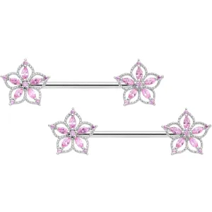 14 Gauge 9/16 Pink CZ Gem Airy Flower Barbell Nipple Ring Set
