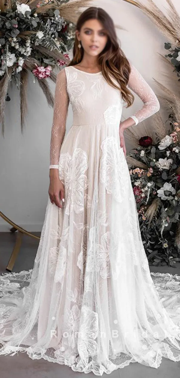 A-Line Round Neck Lace Long Sleeves Beach Wedding Dresses,RBWD0015