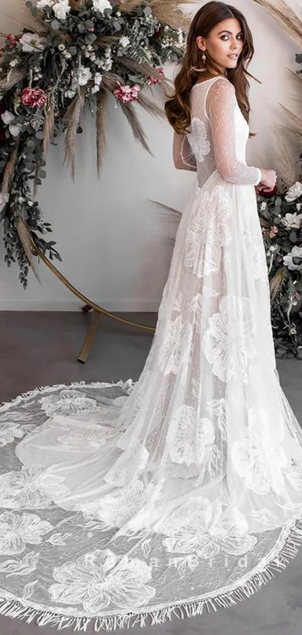 A-Line Round Neck Lace Long Sleeves Beach Wedding Dresses,RBWD0015