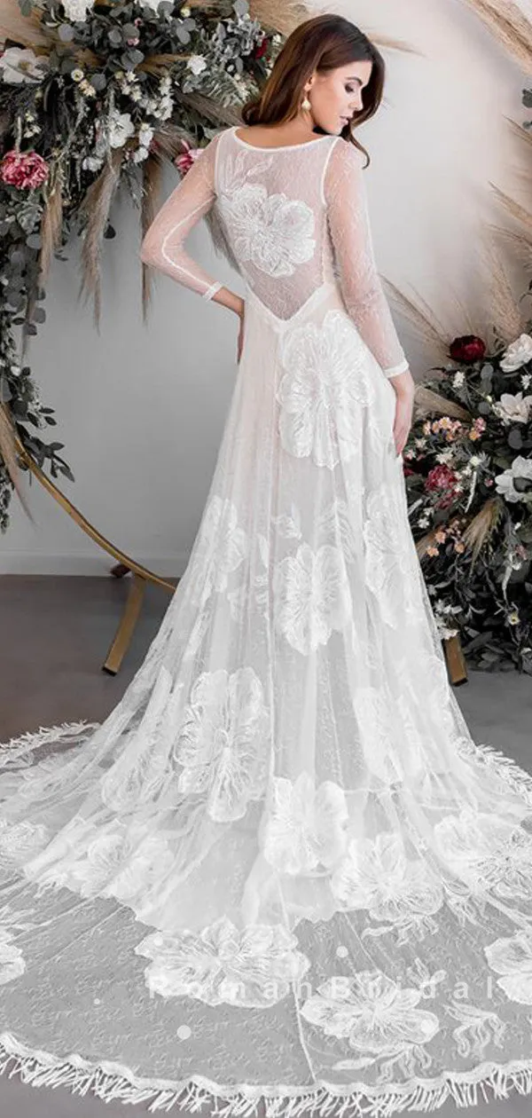 A-Line Round Neck Lace Long Sleeves Beach Wedding Dresses,RBWD0015