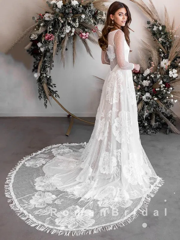 A-Line Round Neck Lace Long Sleeves Beach Wedding Dresses,RBWD0015