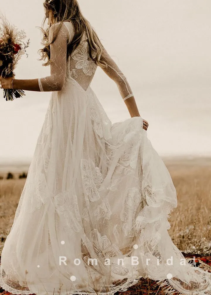 A-Line Round Neck Lace Long Sleeves Beach Wedding Dresses,RBWD0015
