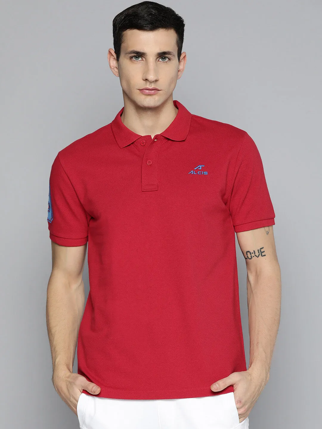 Alcis Men Red Typography Printed Polo Collar Slim Fit T-shirt
