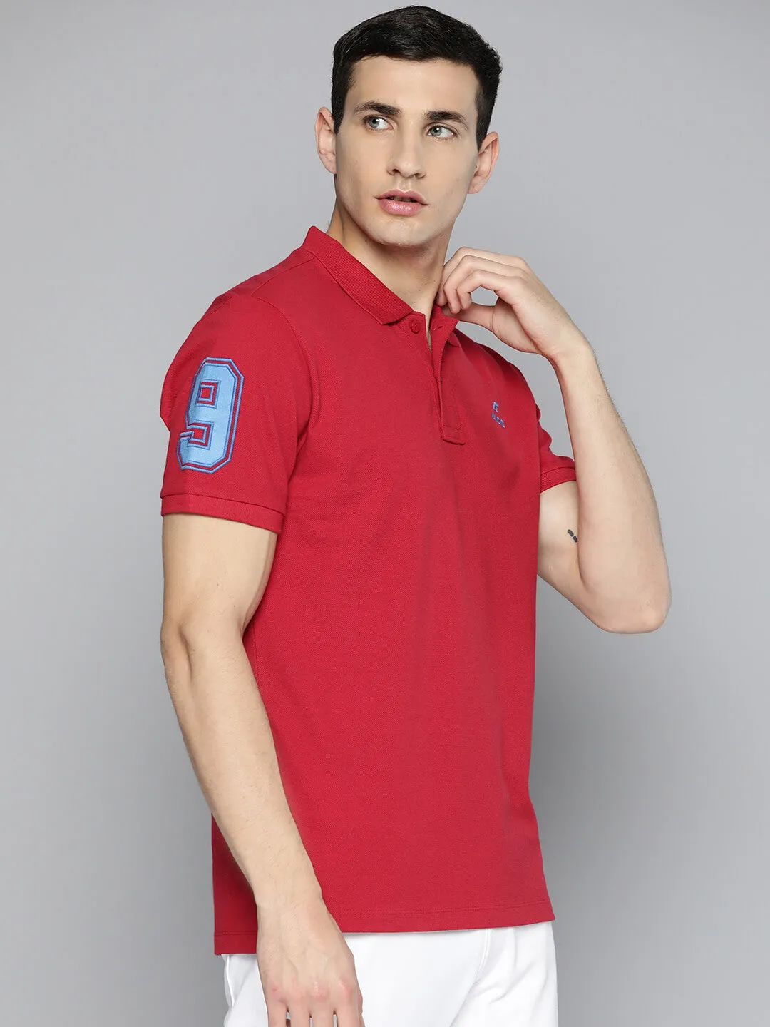 Alcis Men Red Typography Printed Polo Collar Slim Fit T-shirt