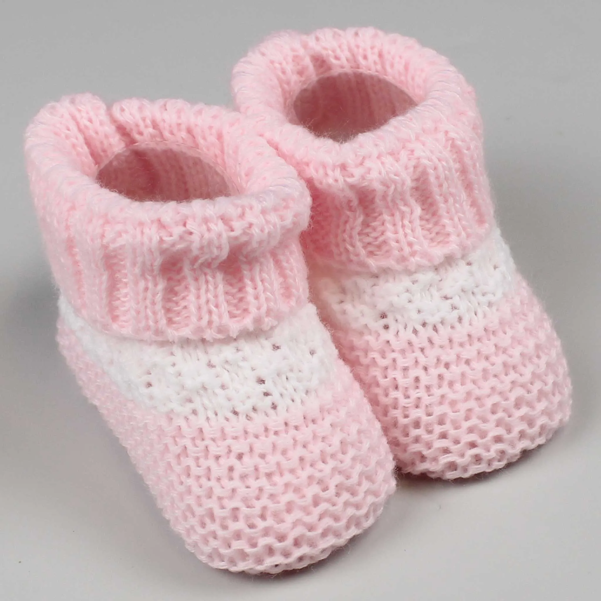 Baby Girls Knitted Newborn Booties - Pink & White