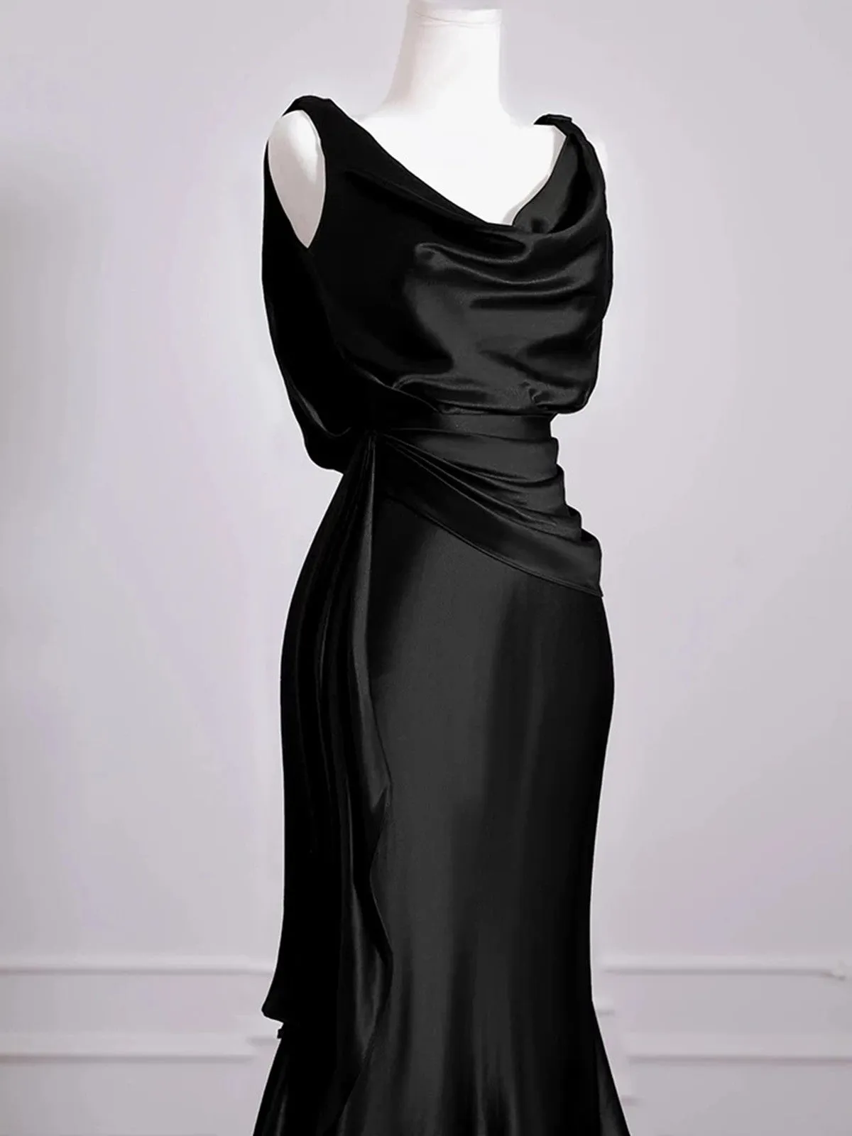 Black Soft Satin Long Low Back Evening Dress, Black Satin Prom Dress