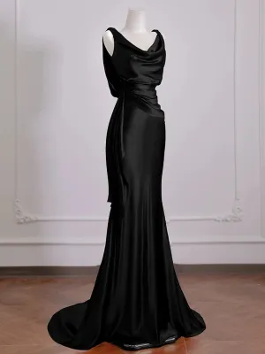 Black Soft Satin Long Low Back Evening Dress, Black Satin Prom Dress