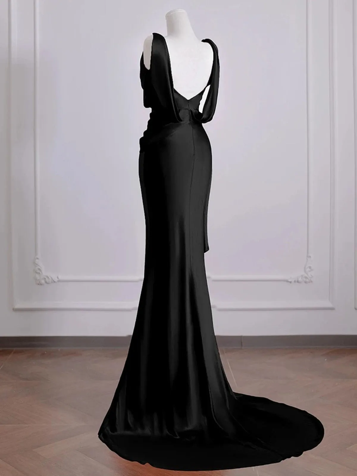 Black Soft Satin Long Low Back Evening Dress, Black Satin Prom Dress