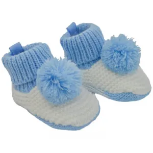 Blue & White Knitted Pom Pom Booties