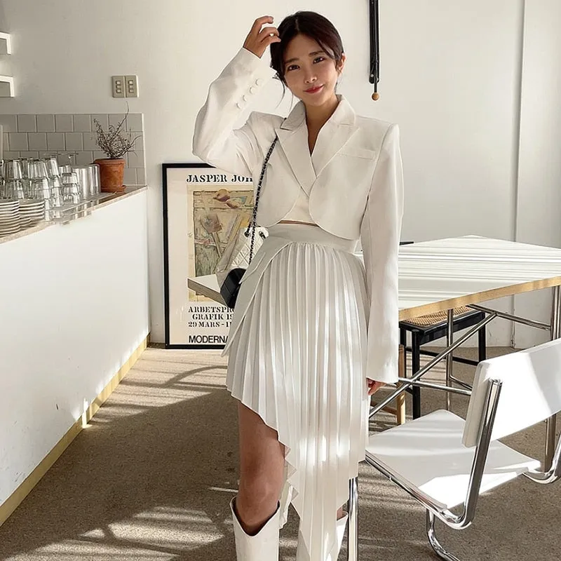 Casual White Notched Long Sleeve Blazer High Waist Two Piece Set for Office Ladies
