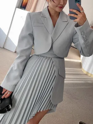 Casual White Notched Long Sleeve Blazer High Waist Two Piece Set for Office Ladies