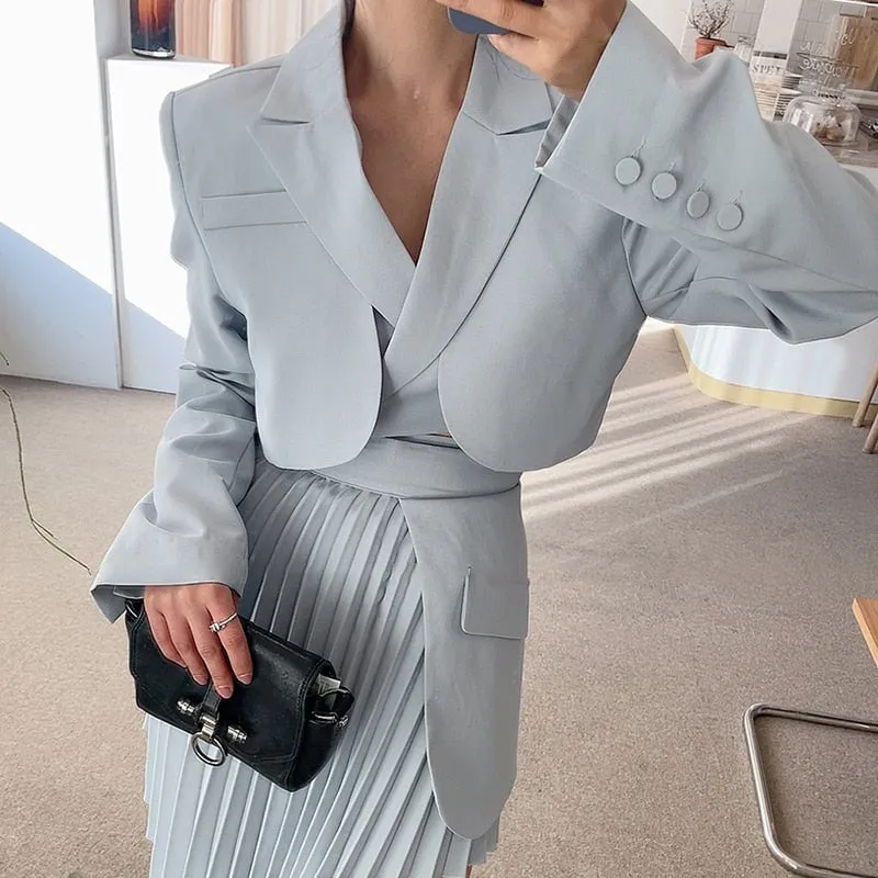 Casual White Notched Long Sleeve Blazer High Waist Two Piece Set for Office Ladies
