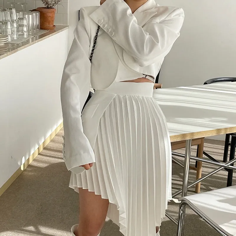 Casual White Notched Long Sleeve Blazer High Waist Two Piece Set for Office Ladies