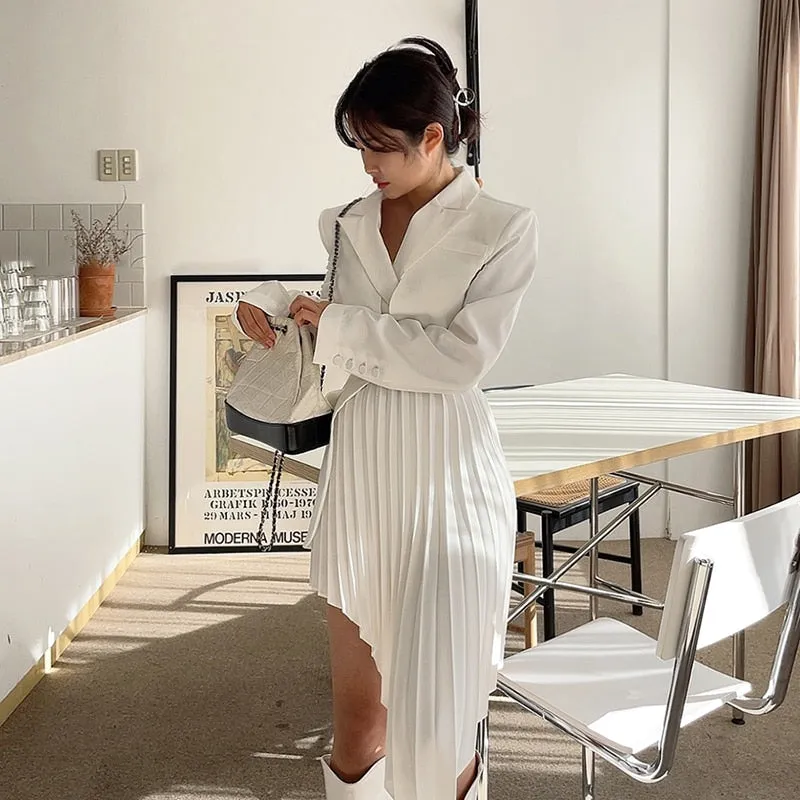 Casual White Notched Long Sleeve Blazer High Waist Two Piece Set for Office Ladies