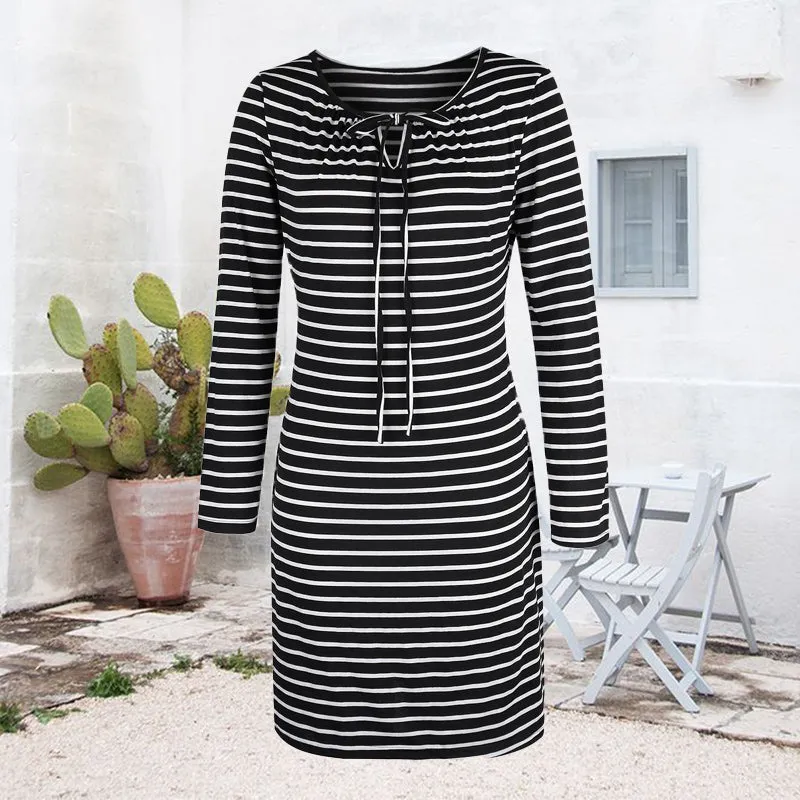 Cord Tie Striped Long Sleeve Dress