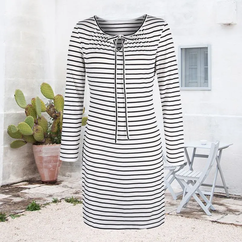 Cord Tie Striped Long Sleeve Dress