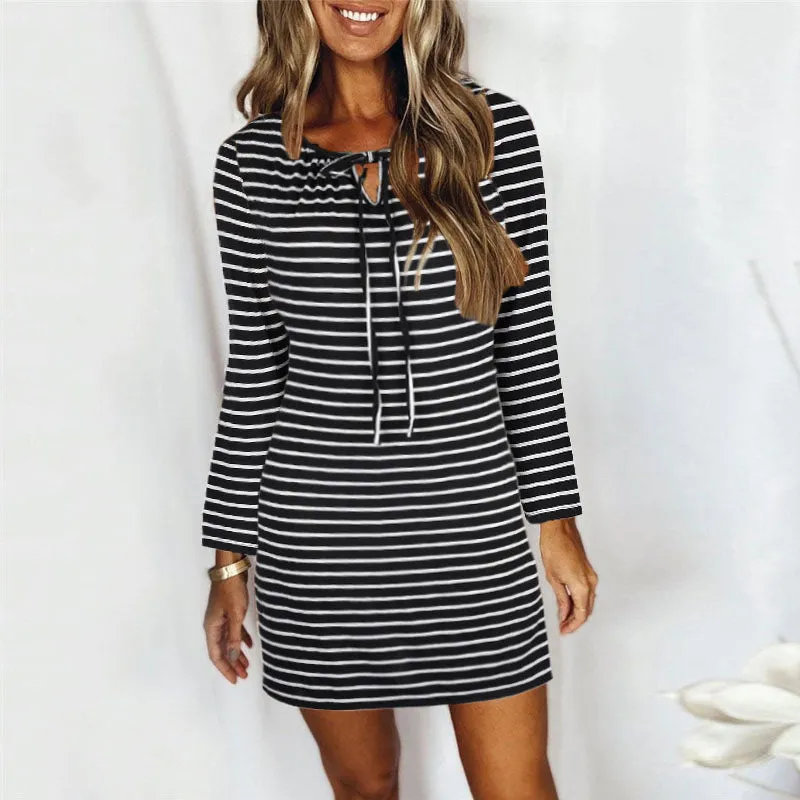 Cord Tie Striped Long Sleeve Dress