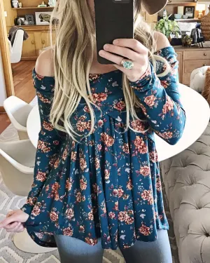 Crescent Flower Top in Teal