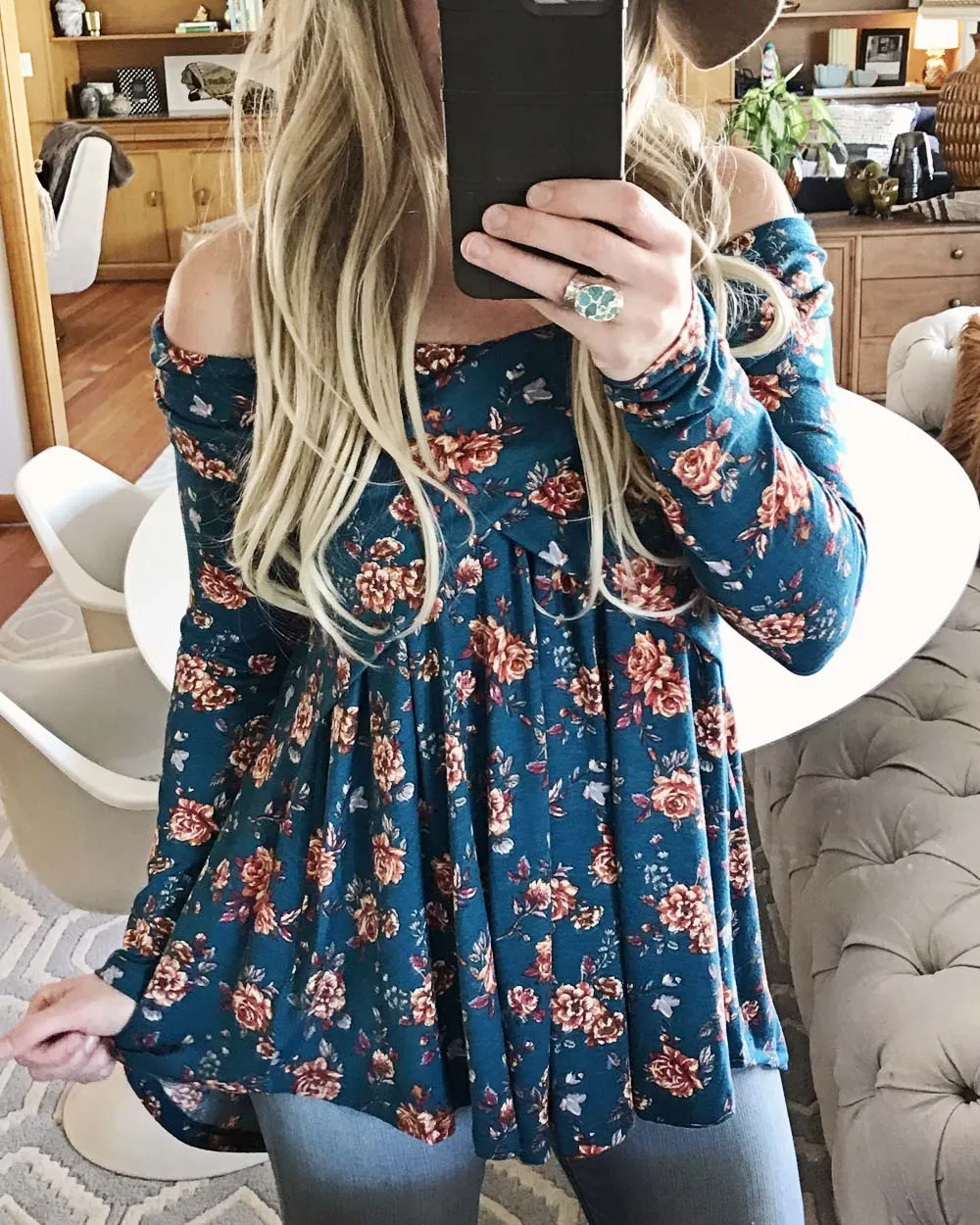 Crescent Flower Top in Teal