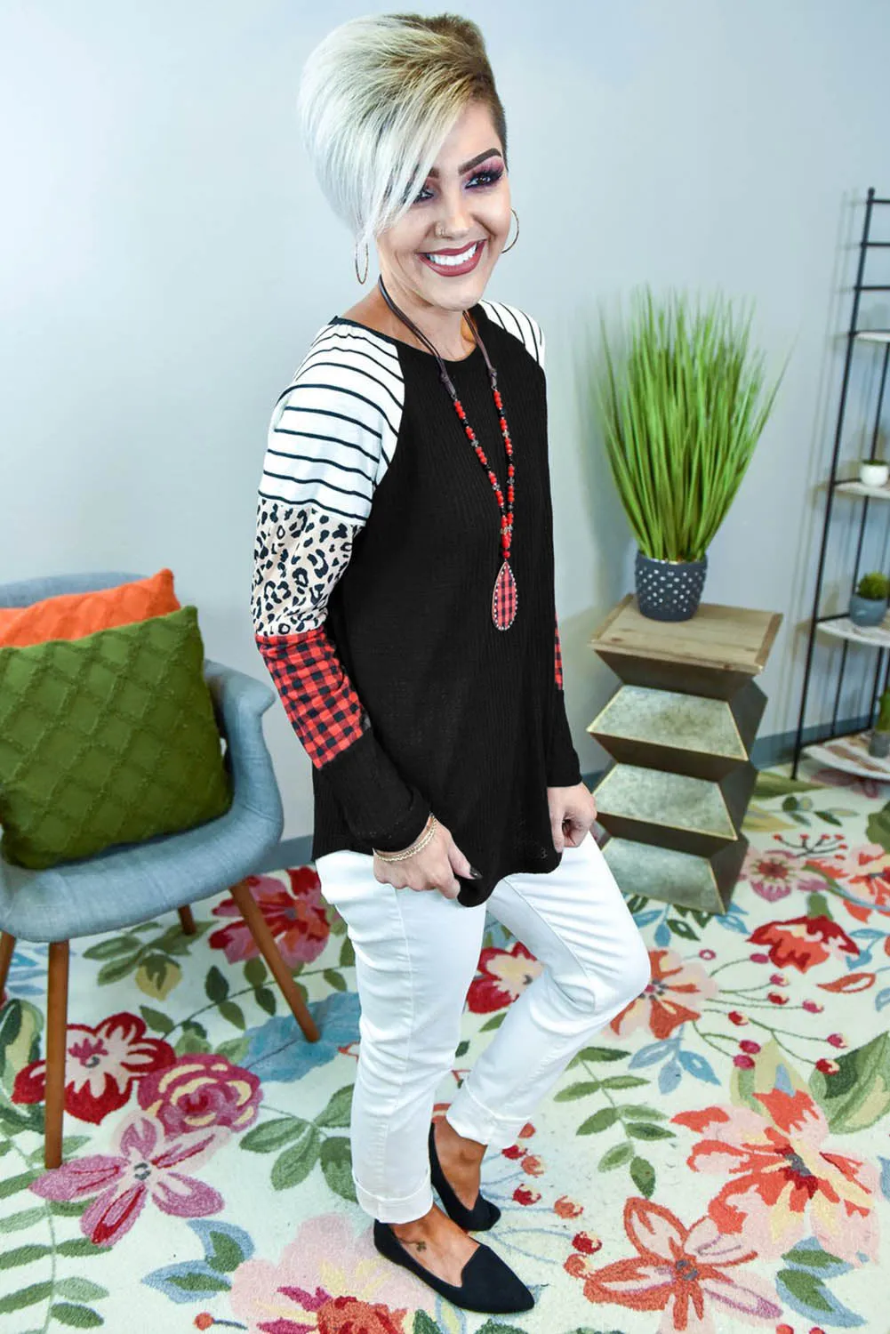 Crew Neck Print Splice Waffle Knitted Long Sleeve Top