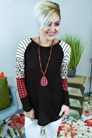 Crew Neck Print Splice Waffle Knitted Long Sleeve Top