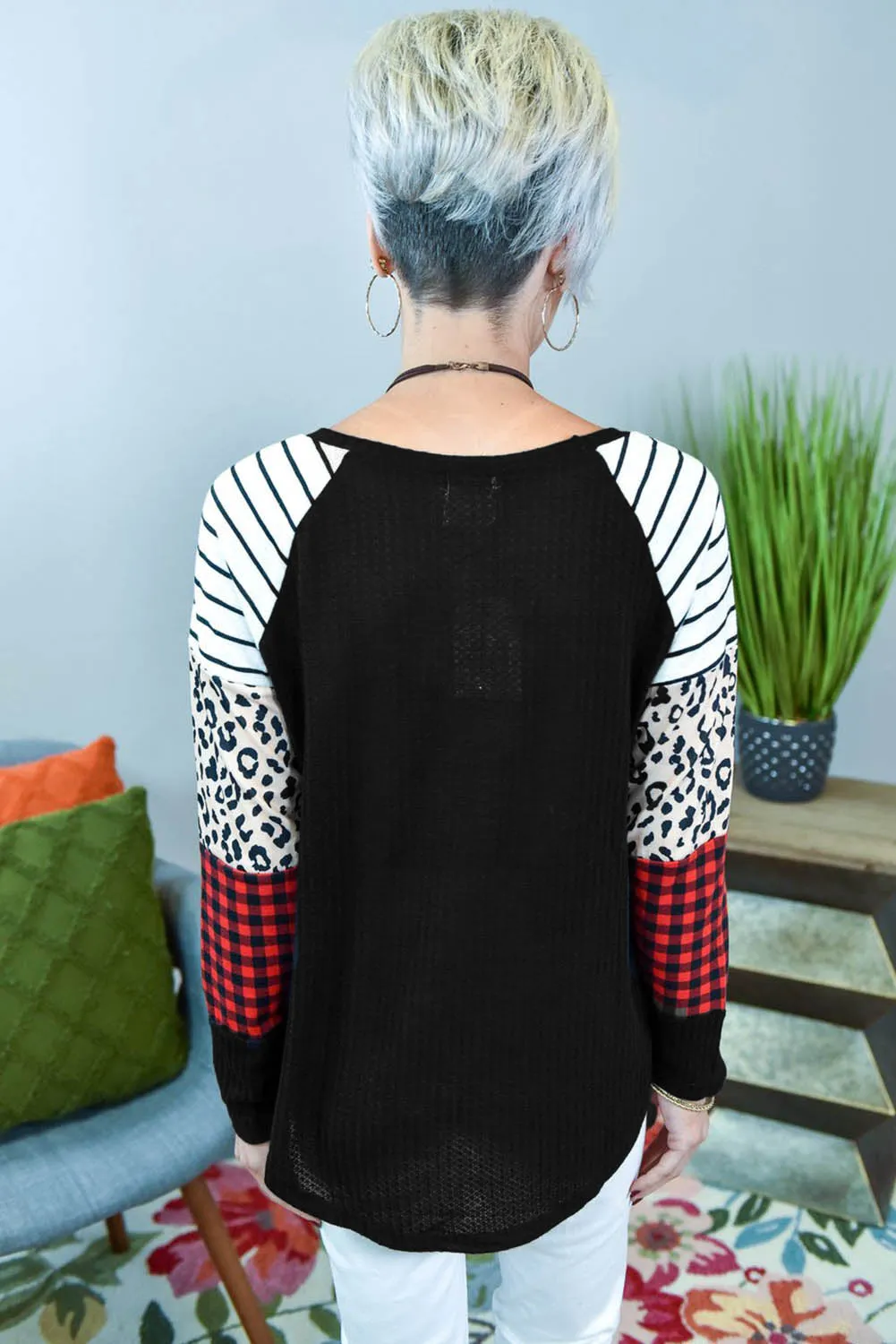 Crew Neck Print Splice Waffle Knitted Long Sleeve Top