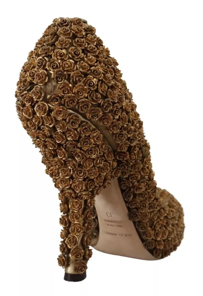Dolce&Gabbana Women Gold Pumps Leather Roses Embellished High Heels Shoes EUR 39
