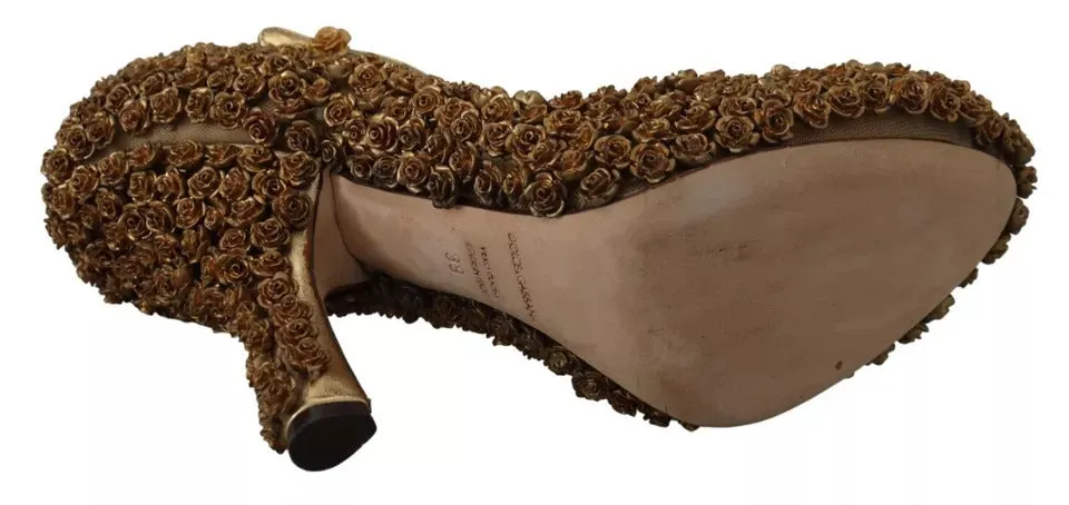 Dolce&Gabbana Women Gold Pumps Leather Roses Embellished High Heels Shoes EUR 39