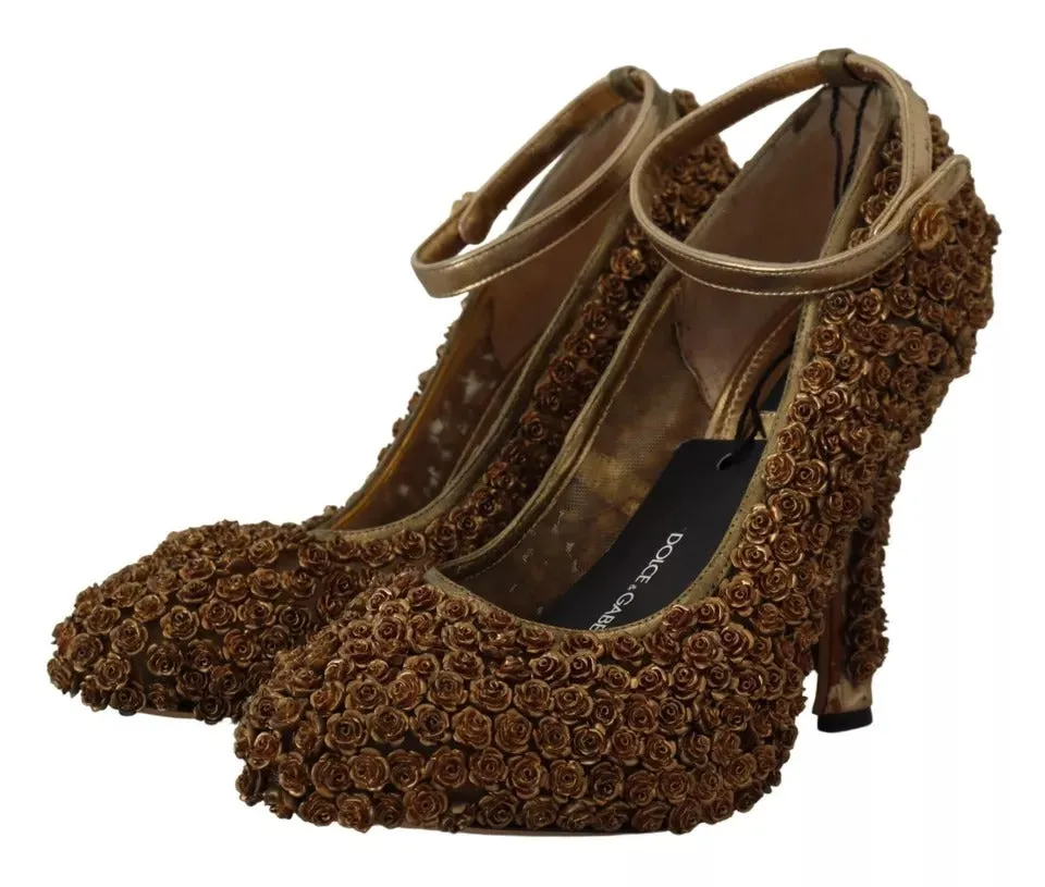 Dolce&Gabbana Women Gold Pumps Leather Roses Embellished High Heels Shoes EUR 39
