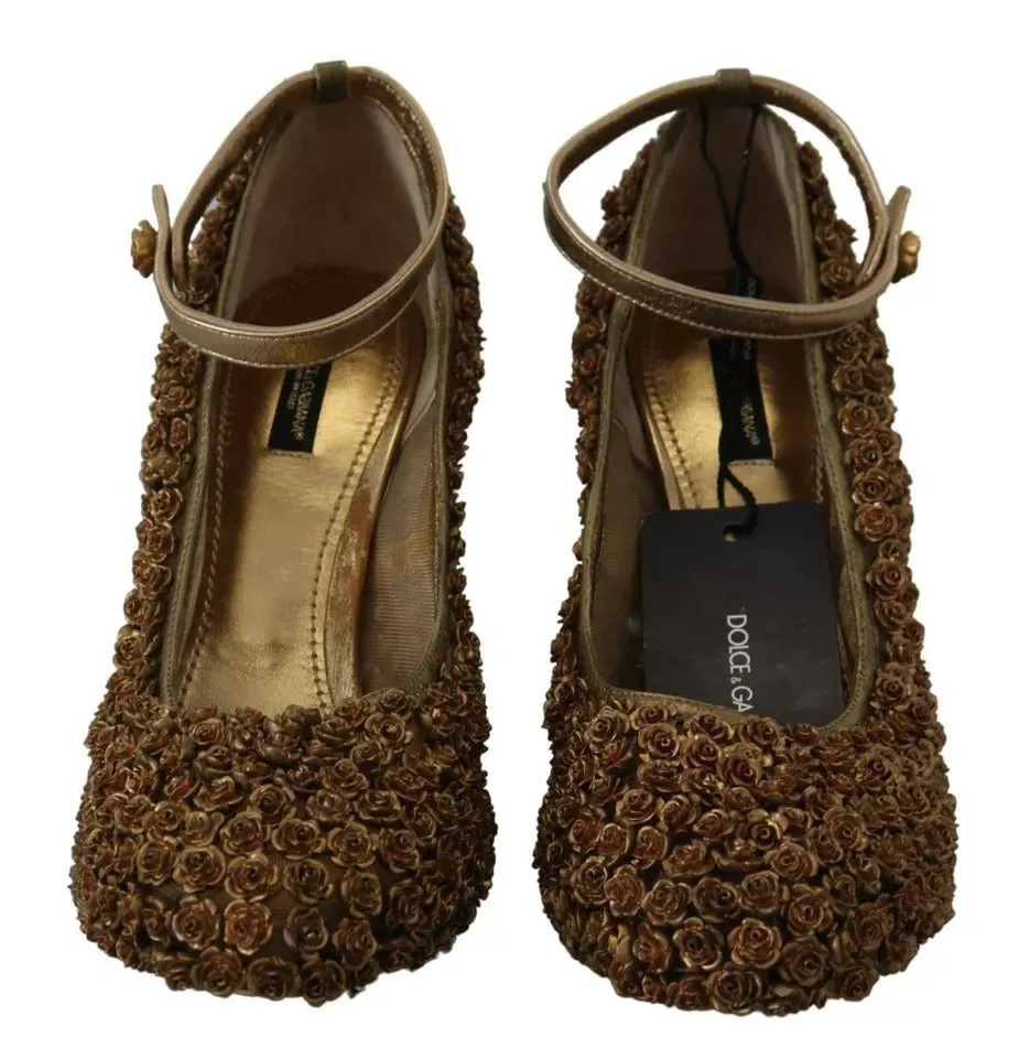 Dolce&Gabbana Women Gold Pumps Leather Roses Embellished High Heels Shoes EUR 39