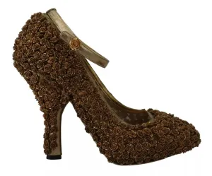 Dolce&Gabbana Women Gold Pumps Leather Roses Embellished High Heels Shoes EUR 39