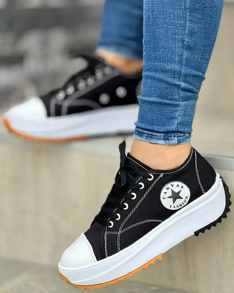 Eyelet Lace up Flatform Canvas Shoes