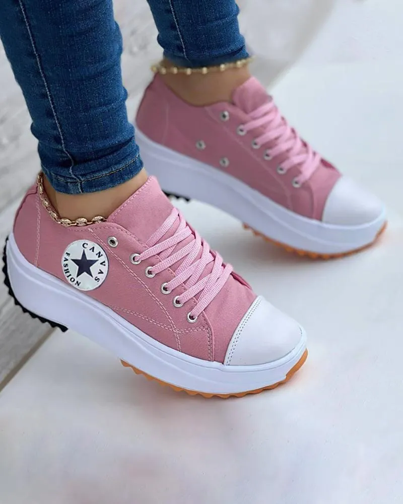 Eyelet Lace up Flatform Canvas Shoes