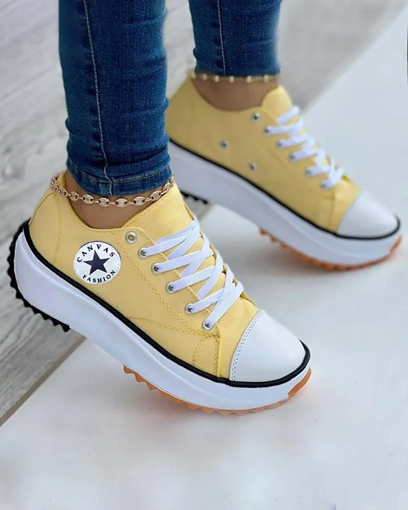 Eyelet Lace up Flatform Canvas Shoes