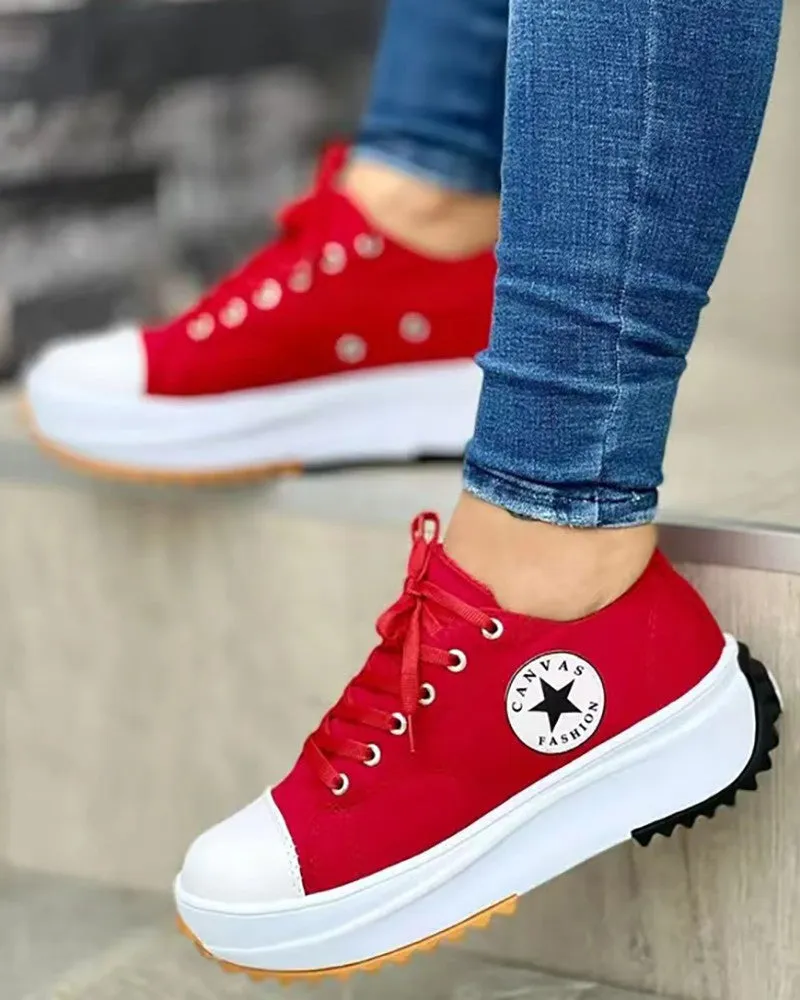 Eyelet Lace up Flatform Canvas Shoes