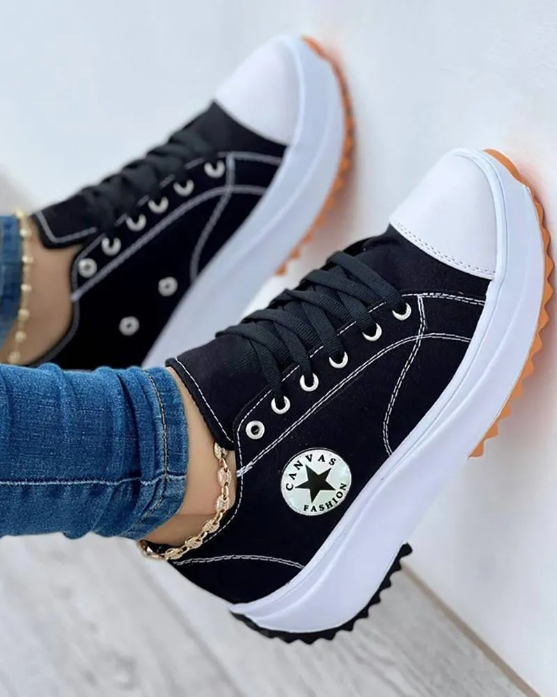 Eyelet Lace up Flatform Canvas Shoes