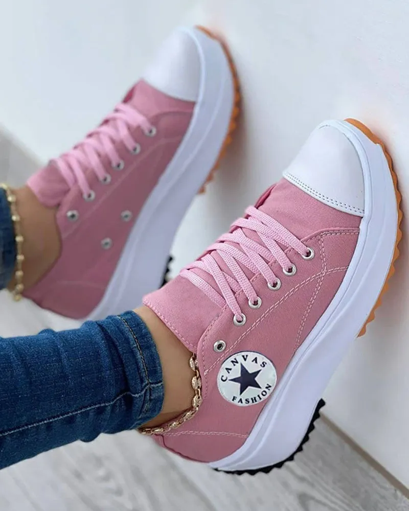 Eyelet Lace up Flatform Canvas Shoes