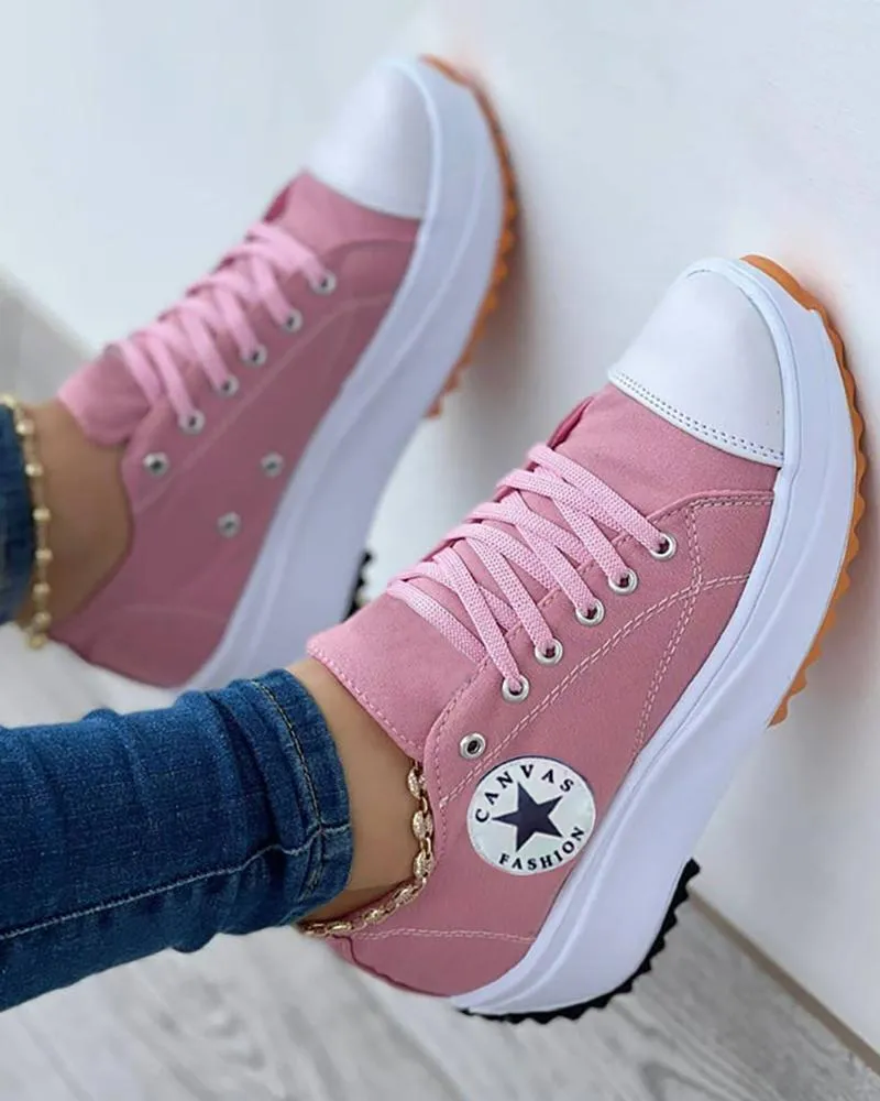 Eyelet Lace up Flatform Canvas Shoes