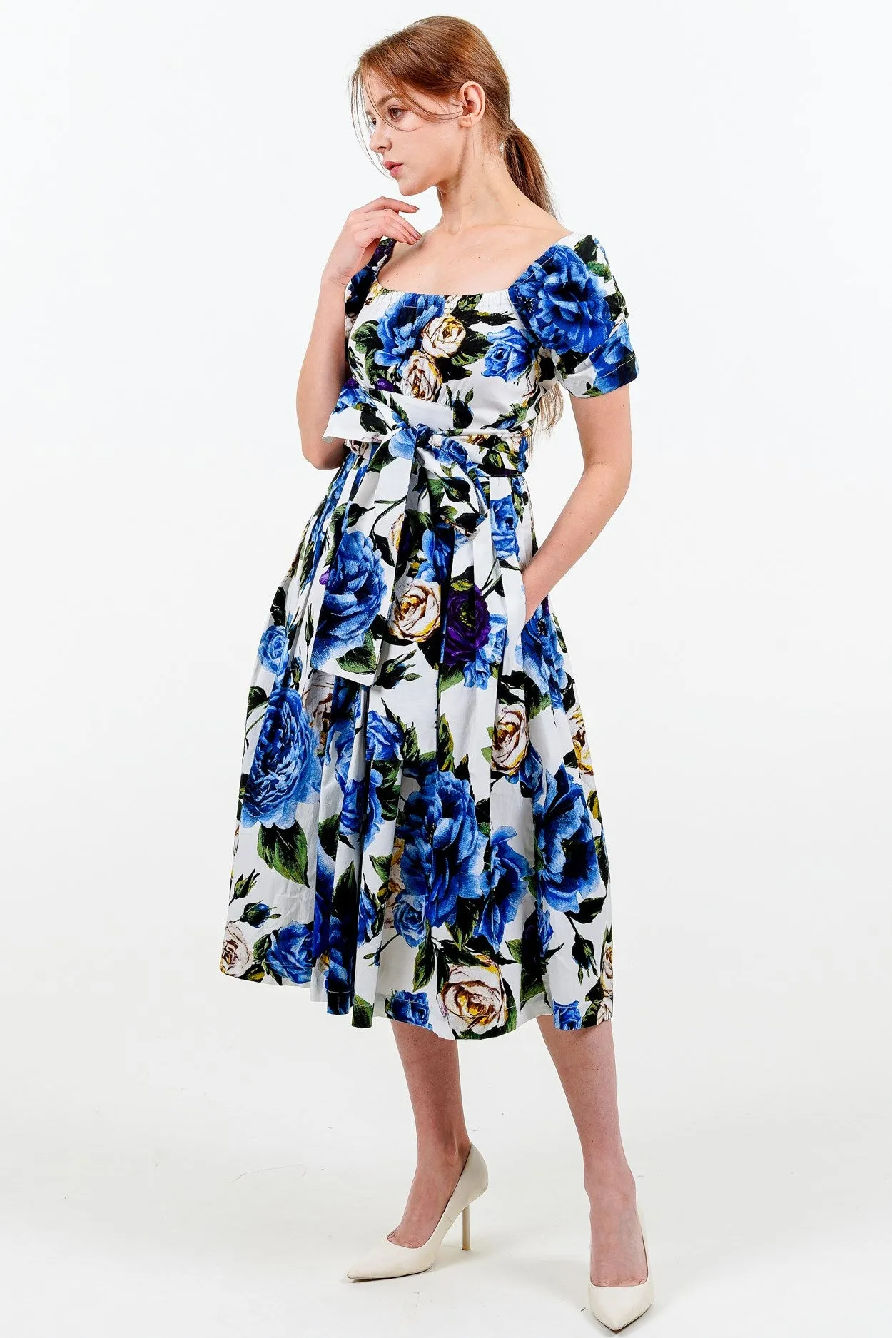 Florance Dress #2 Square Elastic Neck Short Tuck Sleeve Long Length Cotton Stretch (Peony Kimono All Over)
