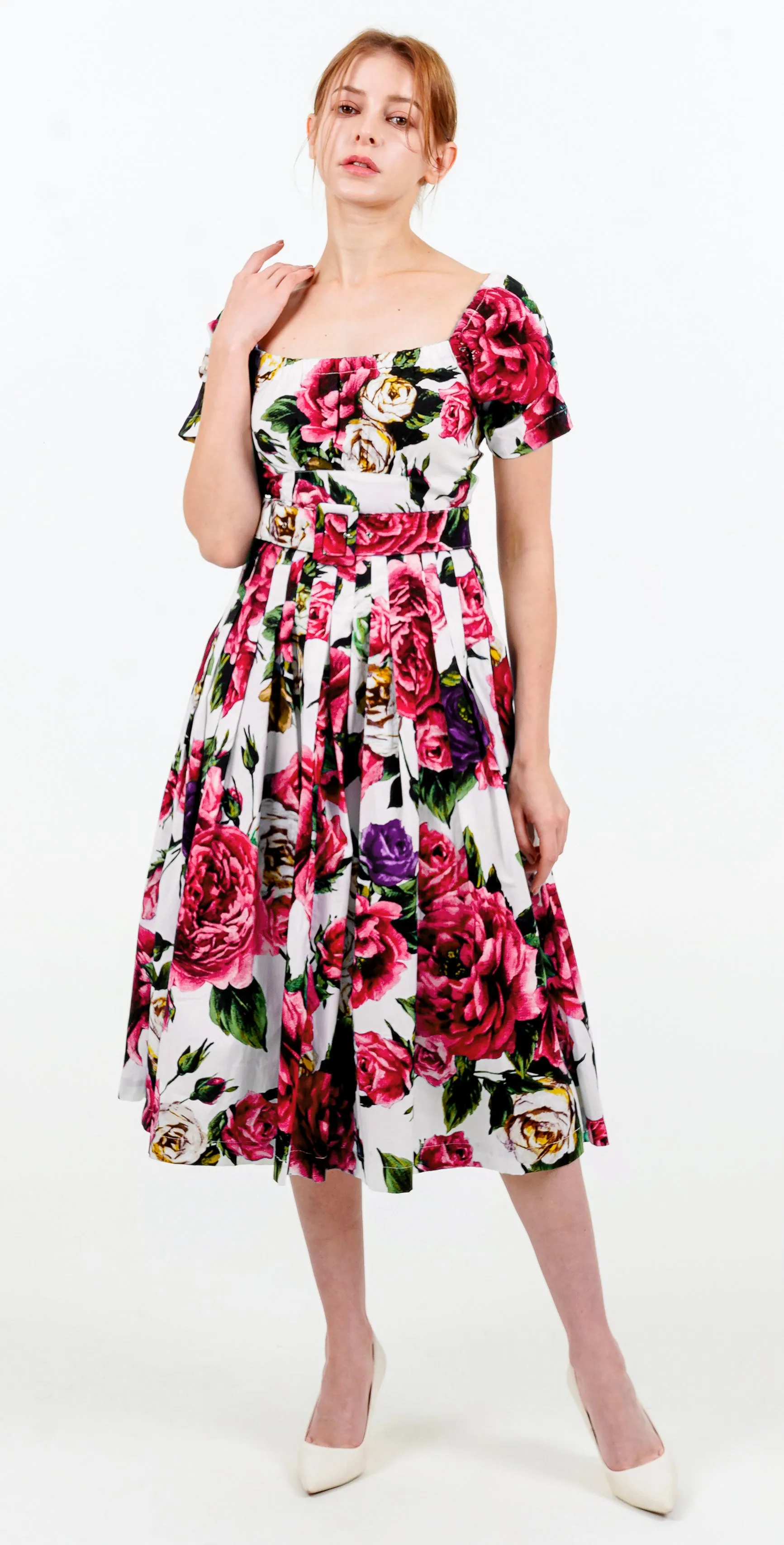 Florance Dress #2 Square Elastic Neck Short Tuck Sleeve Long Length Cotton Stretch (Peony Kimono All Over)