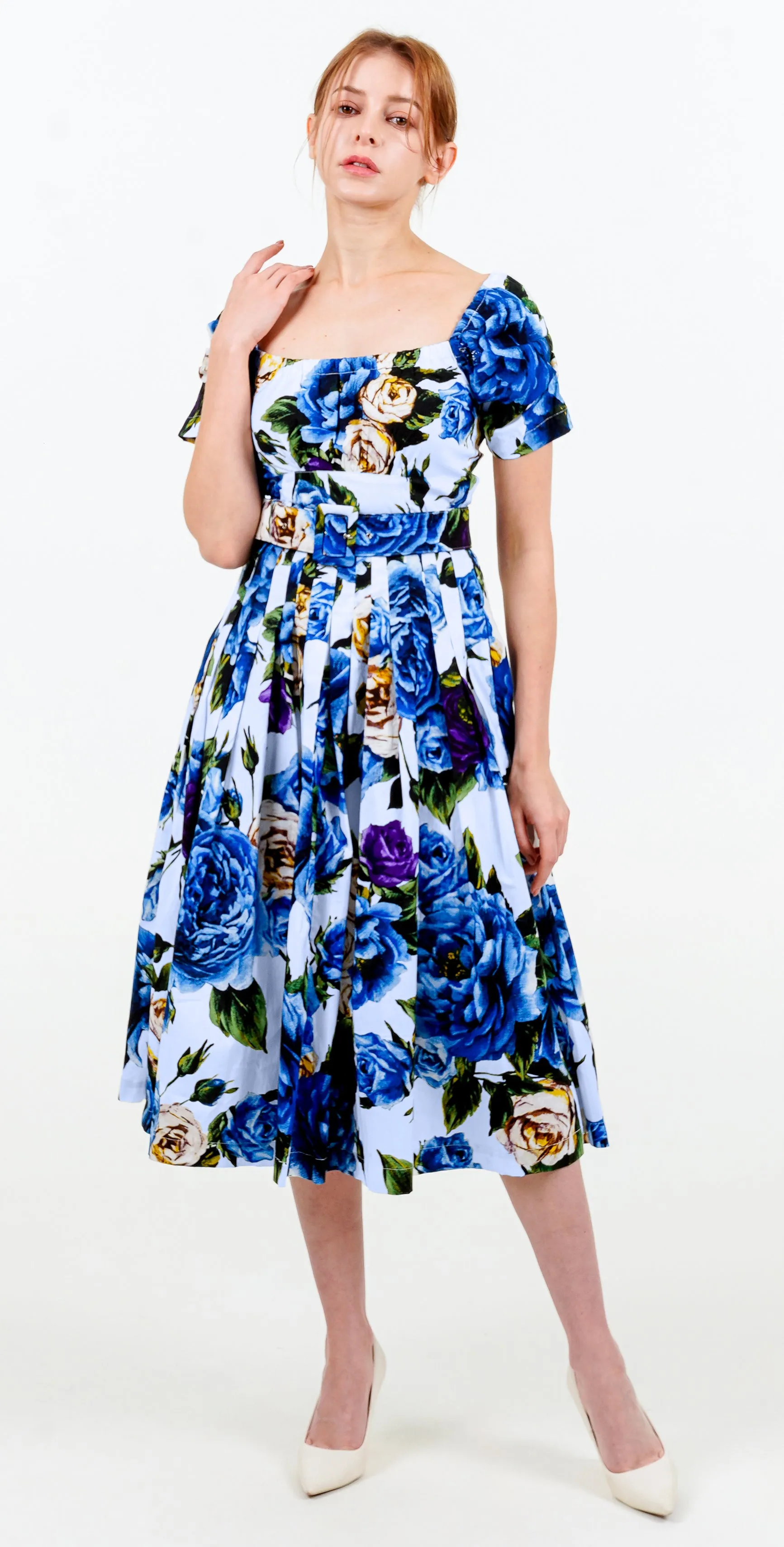 Florance Dress #2 Square Elastic Neck Short Tuck Sleeve Long Length Cotton Stretch (Peony Kimono All Over)