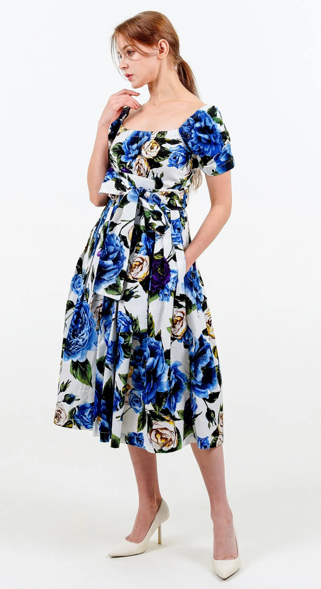 Florance Dress #2 Square Elastic Neck Short Tuck Sleeve Long Length Cotton Stretch (Peony Kimono All Over)