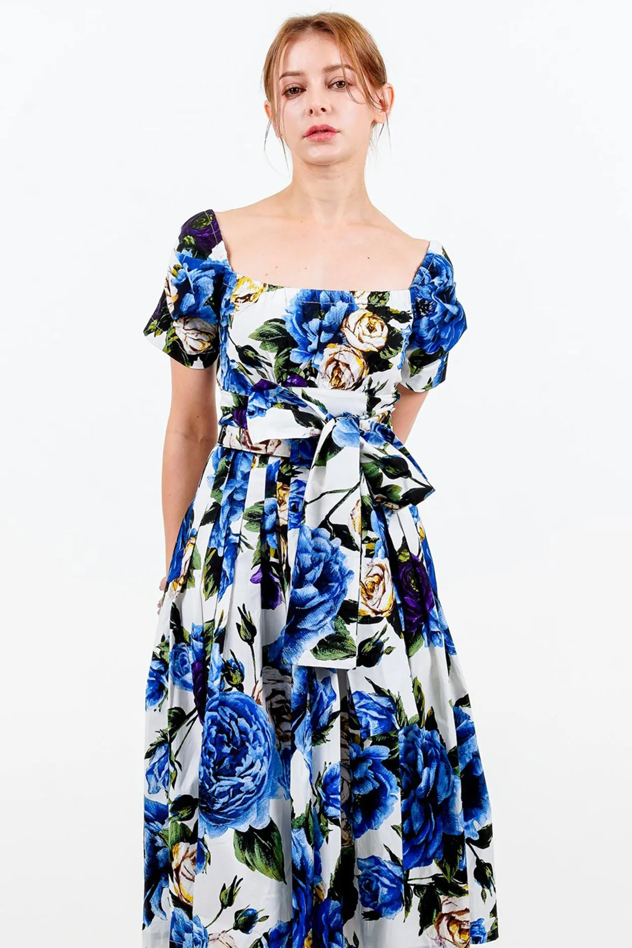 Florance Dress #2 Square Elastic Neck Short Tuck Sleeve Long Length Cotton Stretch (Peony Kimono All Over)