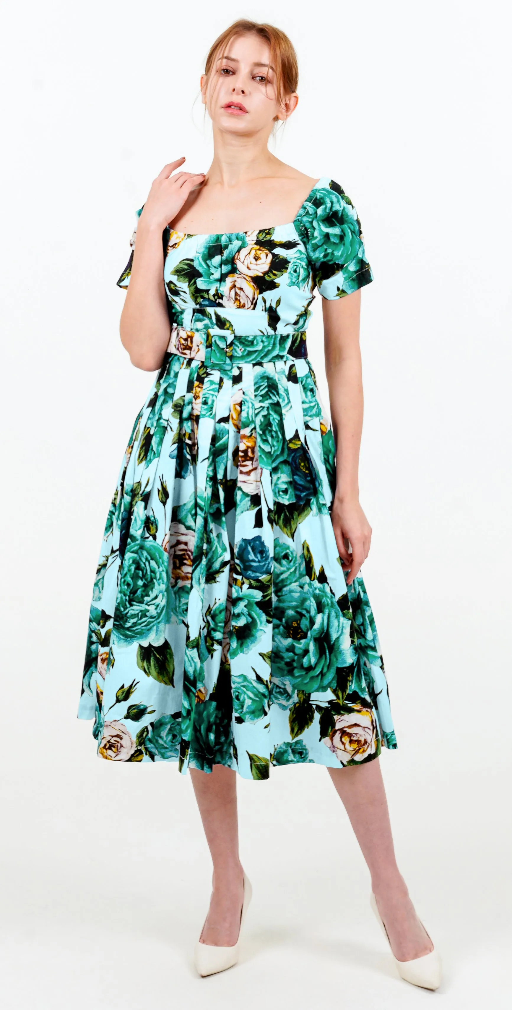Florance Dress #2 Square Elastic Neck Short Tuck Sleeve Long Length Cotton Stretch (Peony Kimono All Over)