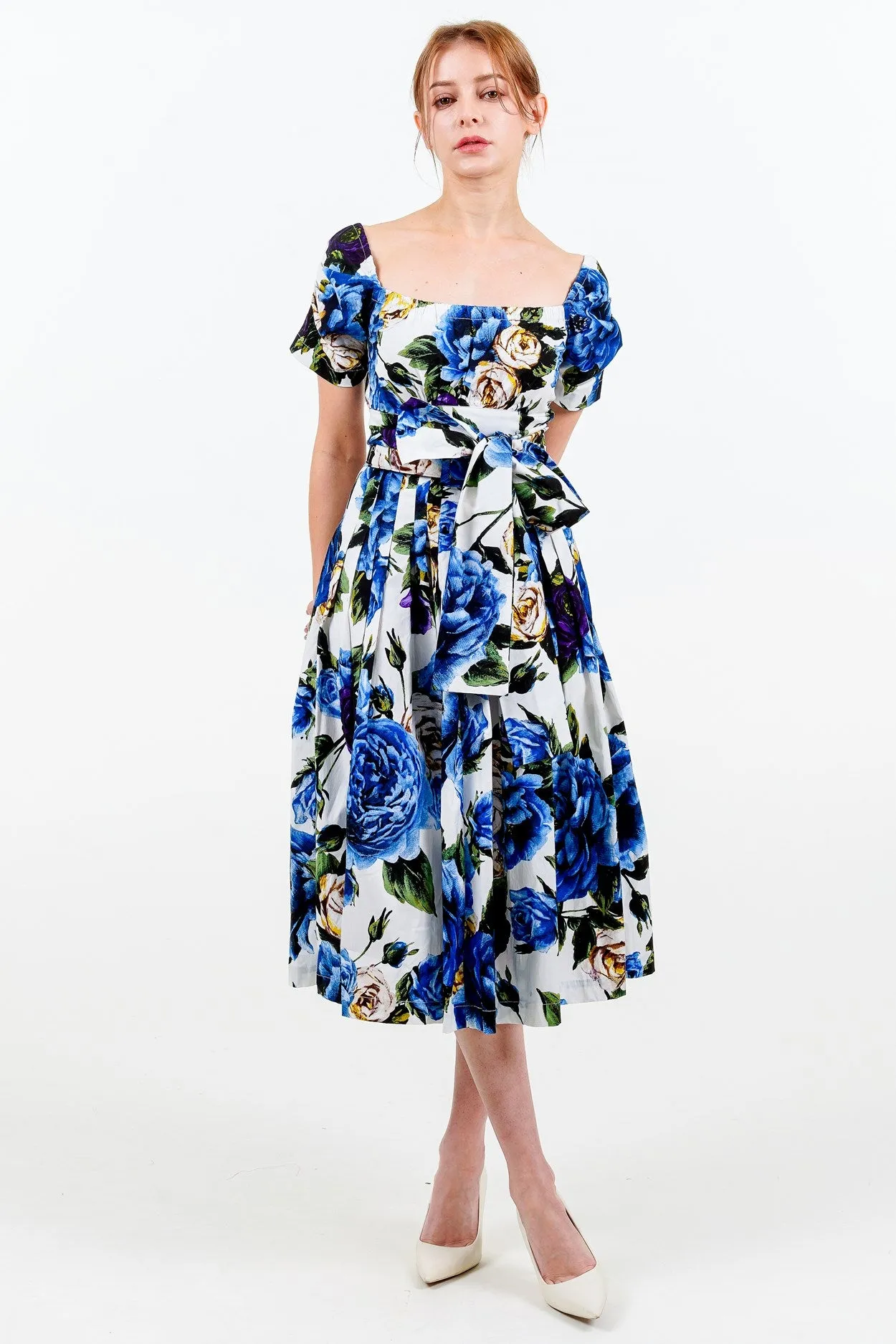 Florance Dress #2 Square Elastic Neck Short Tuck Sleeve Long Length Cotton Stretch (Peony Kimono All Over)