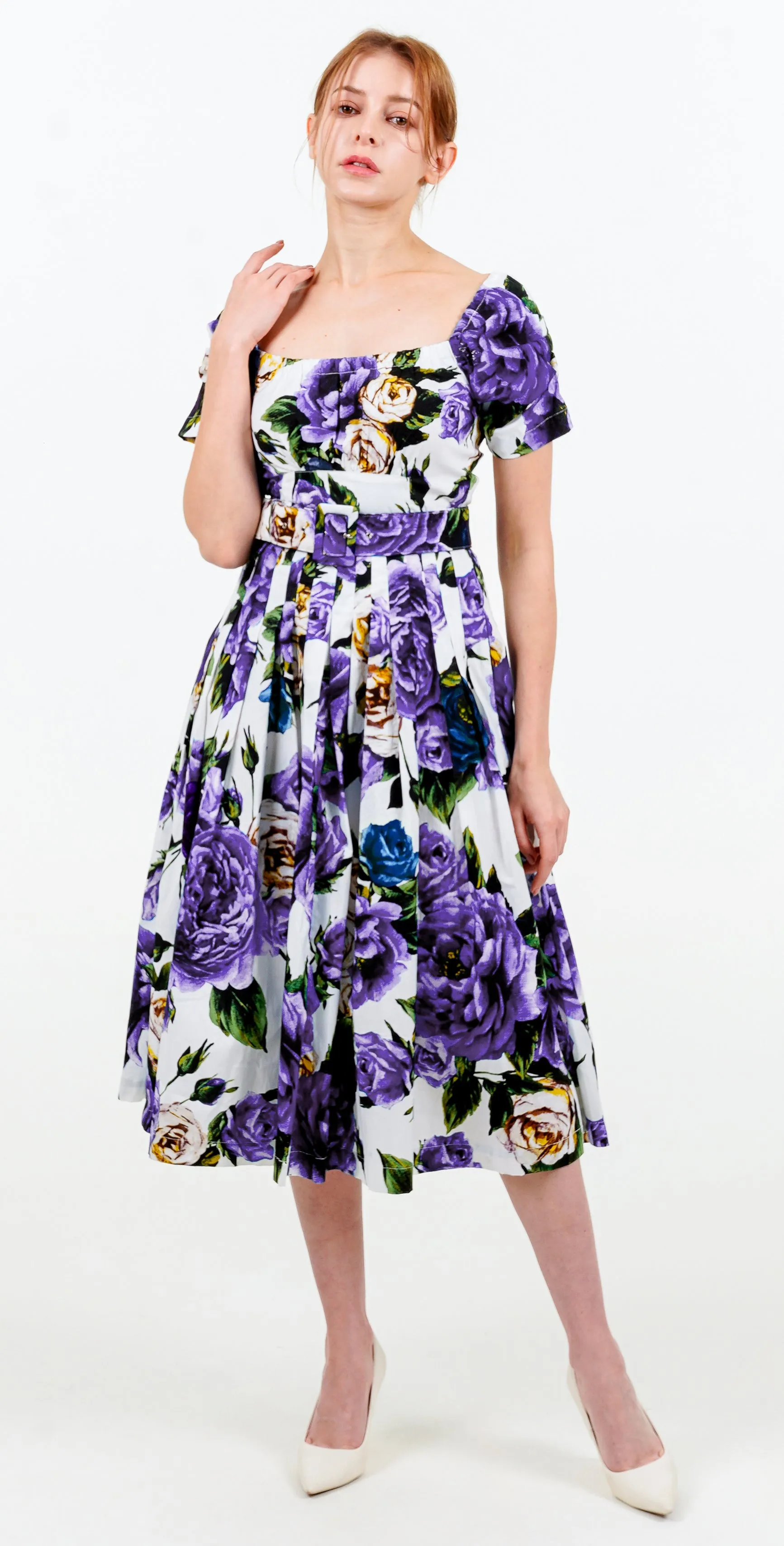 Florance Dress #2 Square Elastic Neck Short Tuck Sleeve Long Length Cotton Stretch (Peony Kimono All Over)