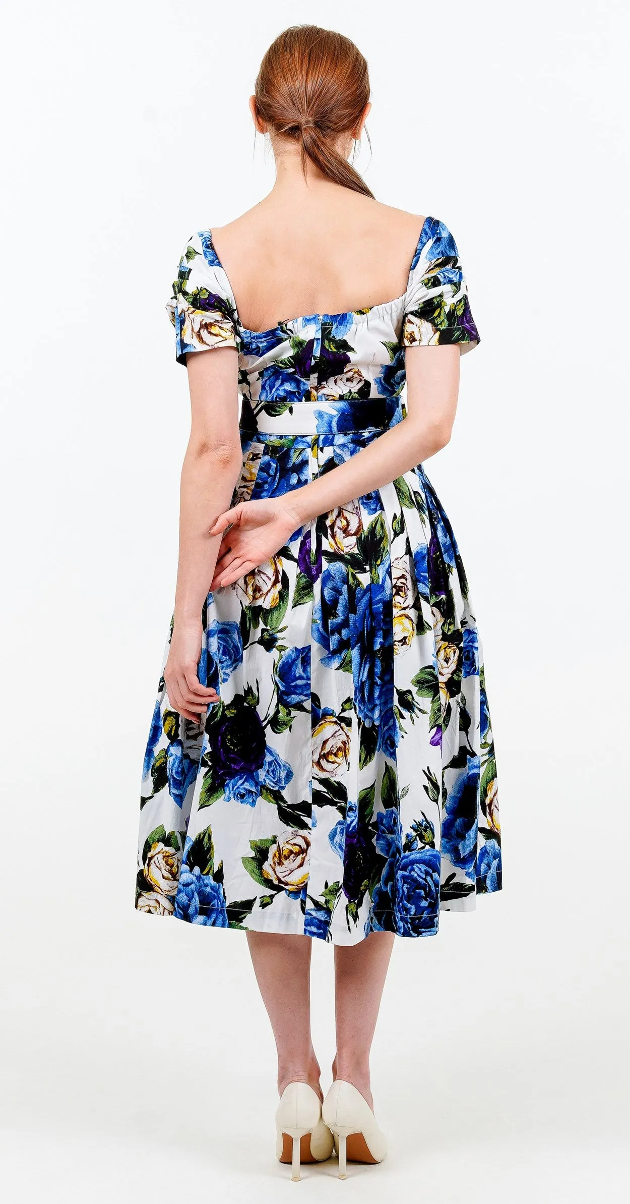 Florance Dress #2 Square Elastic Neck Short Tuck Sleeve Long Length Cotton Stretch (Peony Kimono All Over)