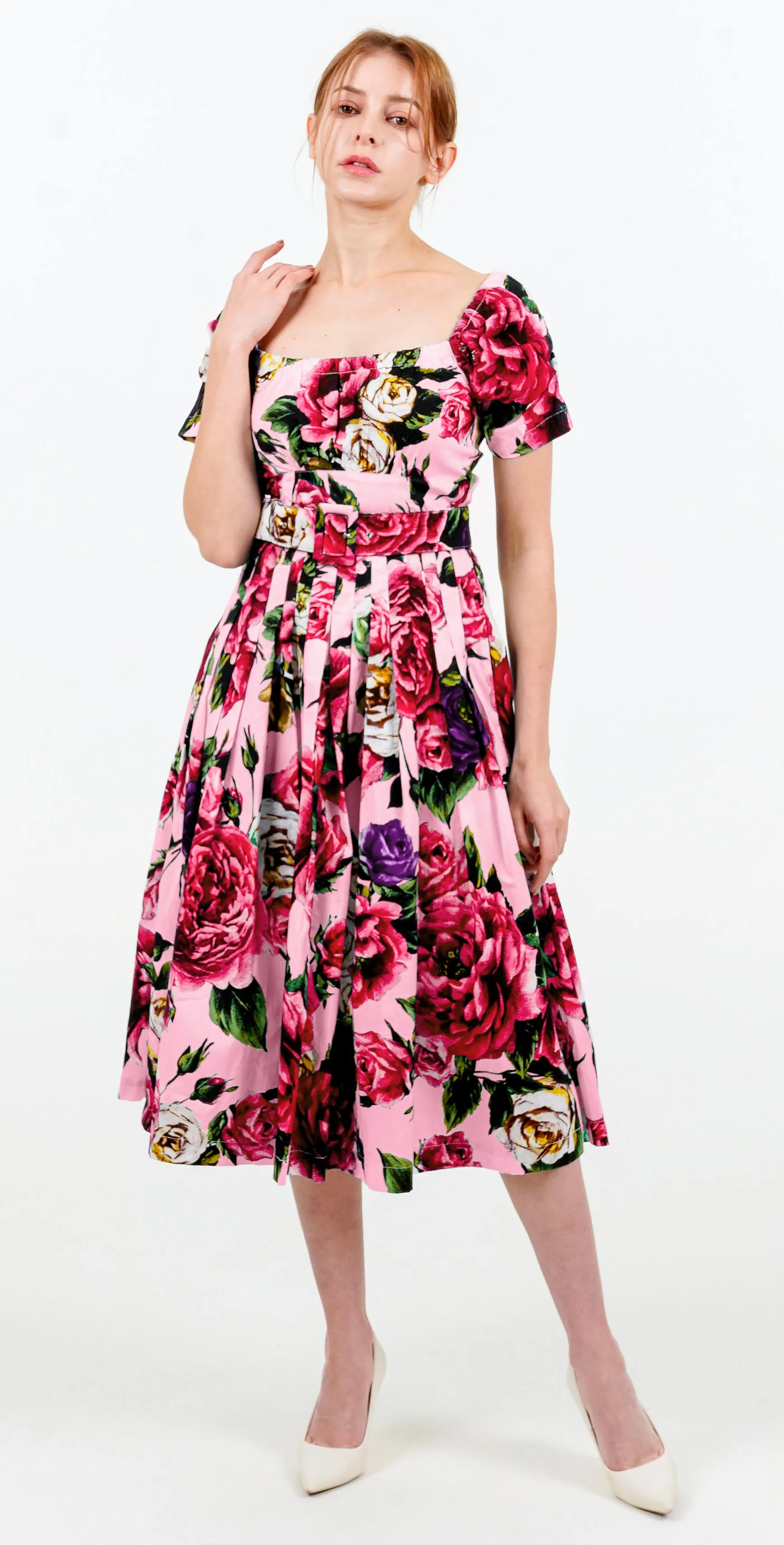 Florance Dress #2 Square Elastic Neck Short Tuck Sleeve Long Length Cotton Stretch (Peony Kimono All Over)