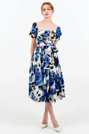 Florance Dress #2 Square Elastic Neck Short Tuck Sleeve Long Length Cotton Stretch (Peony Kimono All Over)